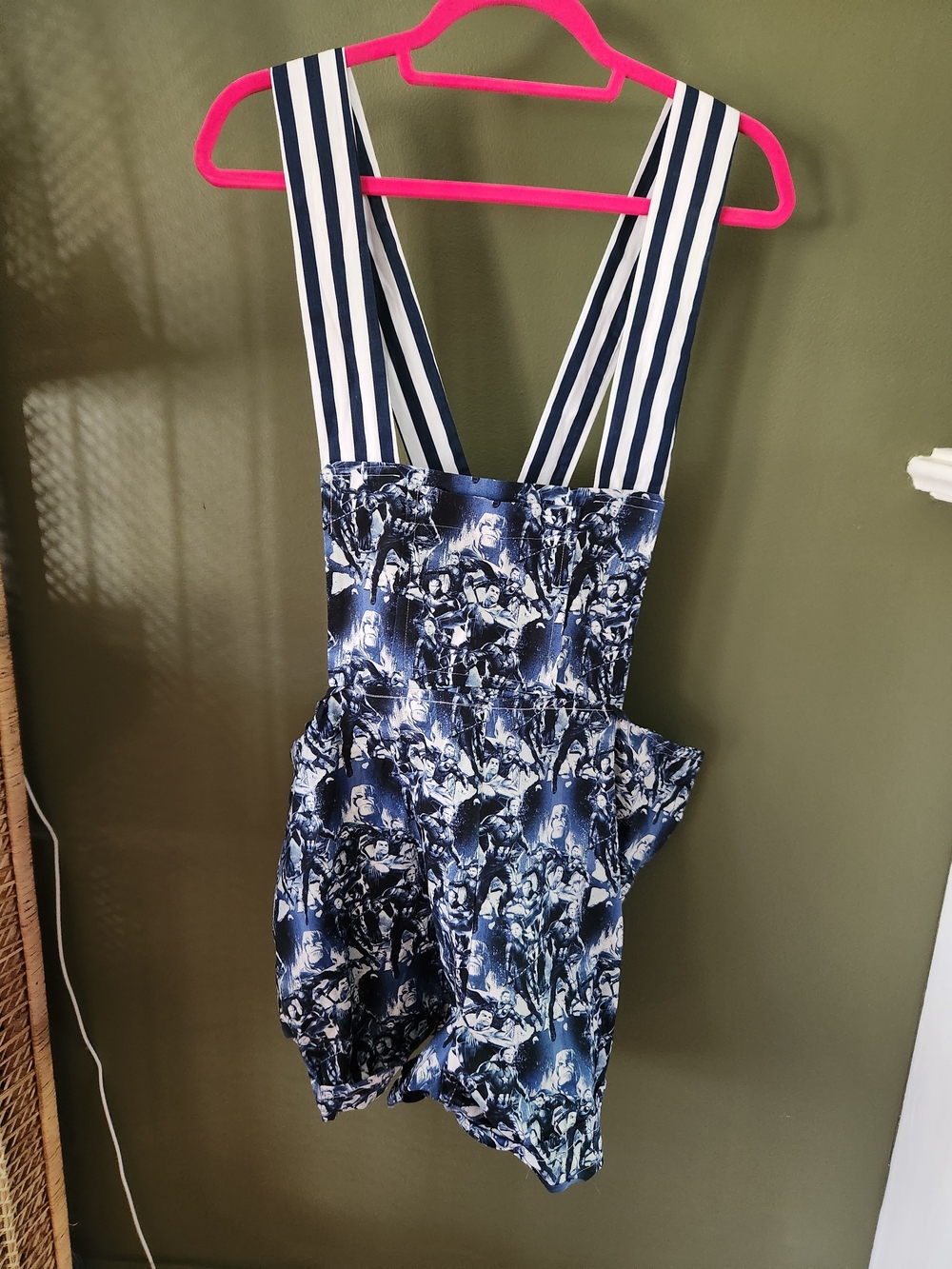 Handmade Suspender Shorts/Coveralls /Romper Blue with Avenger's Design Size XL